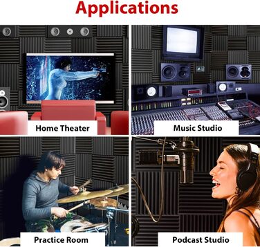 Акустичний поролон Foneso для звукоізоляції, панелі-поглиначі шуму 30x30x5 см, висока щільність 25кг/м³, 3D шумопоглинаючі плити для студії, офісу та кімнати запису, чорний (52 шт, з клейкою стрічкою)