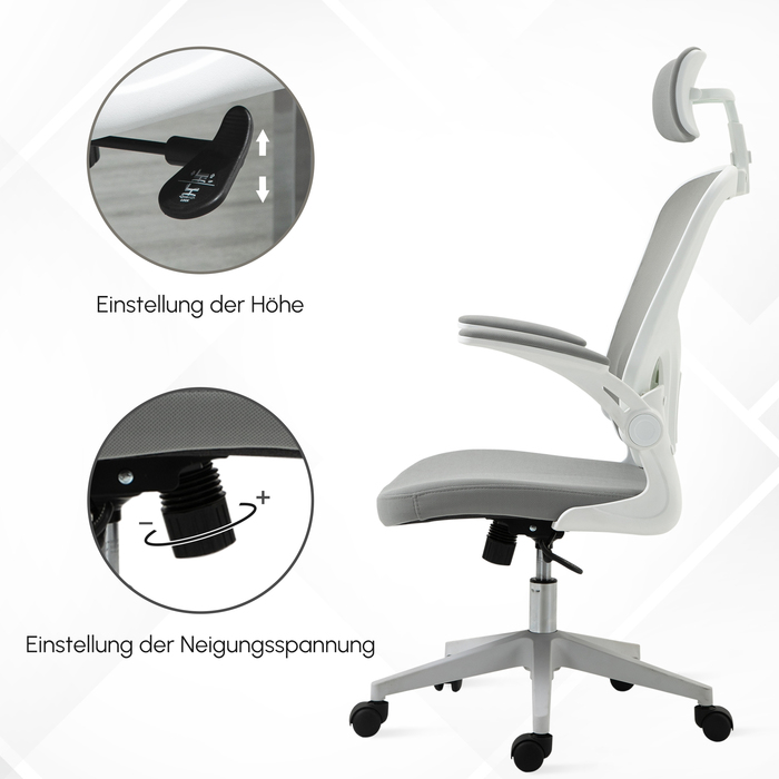Vinsetto Office Chair Ergonomic Desk Chair with Headrest and Tilt Function, Height Adjustable in Grey, 65 x 64 x 114-122 cm