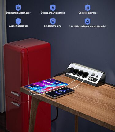 Мережевий адаптер з USB та 2 Type-C, 4 розетки, 16A, 3680W, з вимикачами, захист від перенапруги, LED, для кухні/офісу, білий/чорний