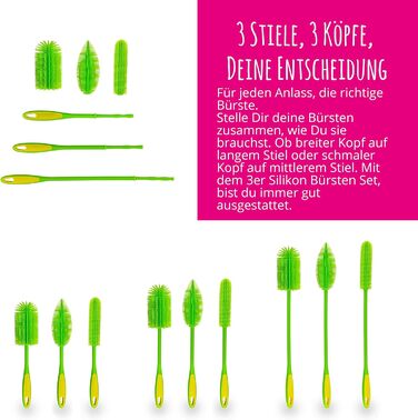 Kochblume Silicone Brush Set, 3-Piece with Interchangeable Heads | Bottle Brush, Dish Brush, Antibacterial, Germ-Free (anthracite)