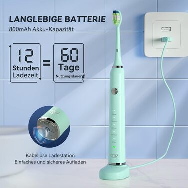 Електрична звукова зубна щітка JTF з 6 насадками 40000 VPM, 5 режимів, IPX7, таймер 2 хв, зелена