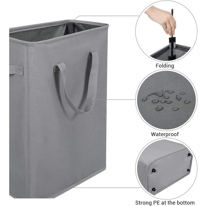 Chrislley Slim Laundry Basket Small Laundry Basket Foldable Laundry Basket Collapsible Laundry Bag Narrow Laundry Basket with Handle - 45L Grey