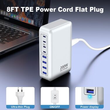 Зарядний пристрій USB-C 200W, 8 портів GaN, швидка зарядка, адаптер PD 65W для ноутбука MacBook/Dell/Steam Deck, iPhone 17/16/15/14, Galaxy S24/S23 (Білий)