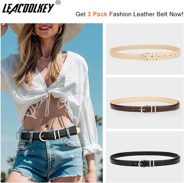 LEACOOLKEY 3 шт. жіночі тонкі шкіряні ремені для джинсів, суконь, вінтажні ремені з золотистою та сріблястою пряжкою (100 см), розмір талії 66-76 см, колір: чорний, кавовий, бежевий (глянцеве золото)