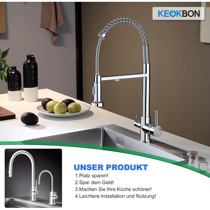 3-х шляхова кухонна змішувач з поворотним виливом 360°, 2 функції (душ, аератор), 3-в-1, з фільтром, з міді та нержавіючої сталі, з гнучкою насадкою для душу, хром