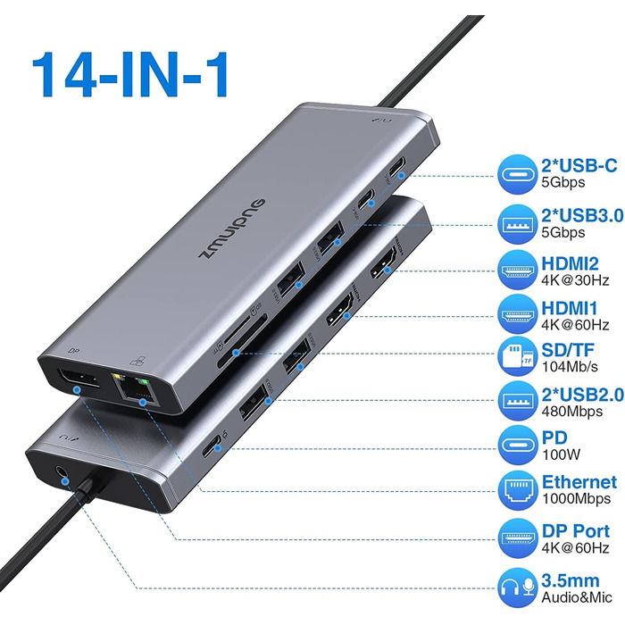 Док-станція USB-C для ноутбука 14-в-1: 2xHDMI 4K, DP, Ethernet, 4xUSB, 100W PD, SD/TF, Audio/Mic. Підтримка Dell, HP, Lenovo та інших ноутбуків.