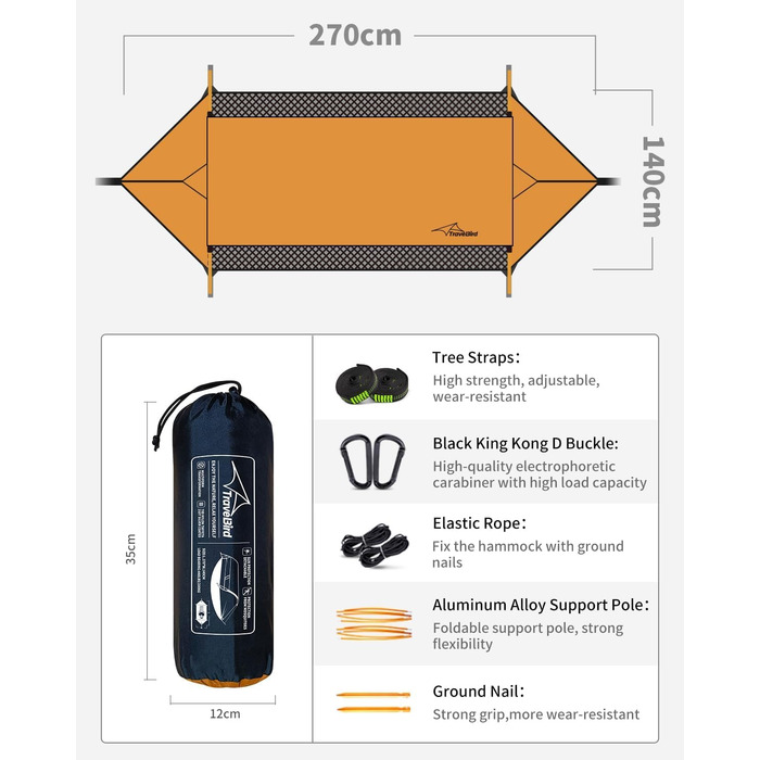 Гамак для кемпінгу 4-в-1 з москітною сіткою та знімним сонцезахистом, 290x140 см, для відпочинку на природі, пікніків, походов та подорожей. Армійний зелений та помаранчевий кольори.