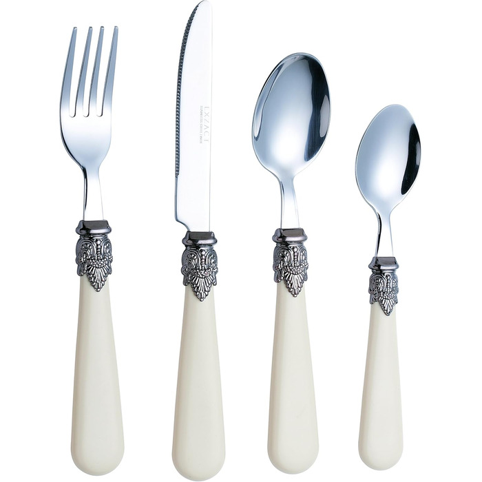 EXZACT Ivory Cream Flatware Set, 24 Pieces, Stainless Steel with Detailed Handle, Traditional, Elegant, Vintage Style/Antique (WF28-24CRM)