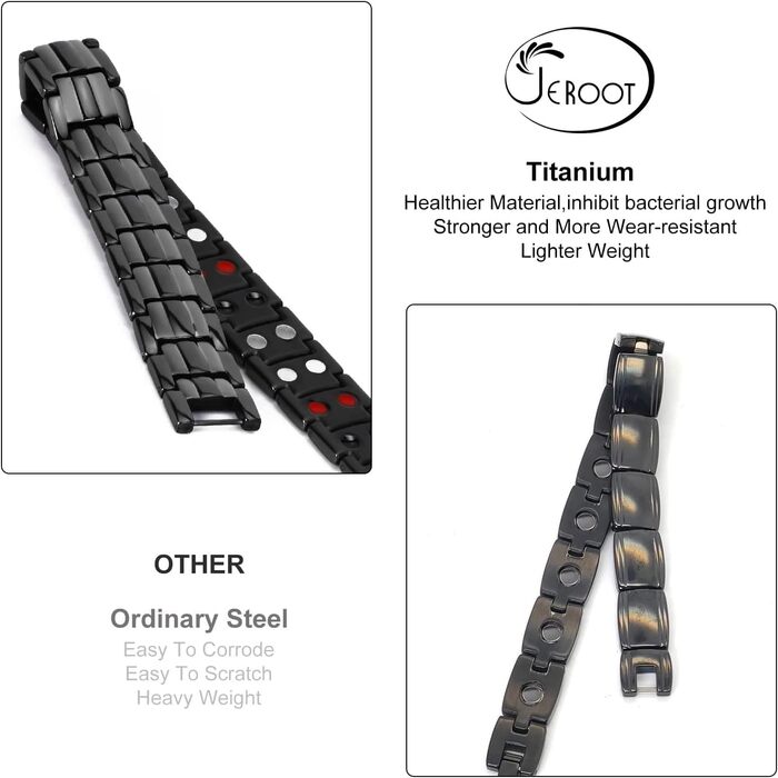 Браслет на магніті JEROOT для чоловіків, чорний титановий браслет з 4 елементами, подвійний ряд, браслет для здоров'я та енергії з високоякісною застібкою-складкою та знімачем ланок годинника (3500 гаус)