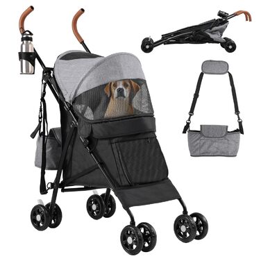 Візок для собак та котів DWVO, 11.3 кг, складний, з подушкою та кошиком для зберігання, 45x80x103 см (сірий/чорний)