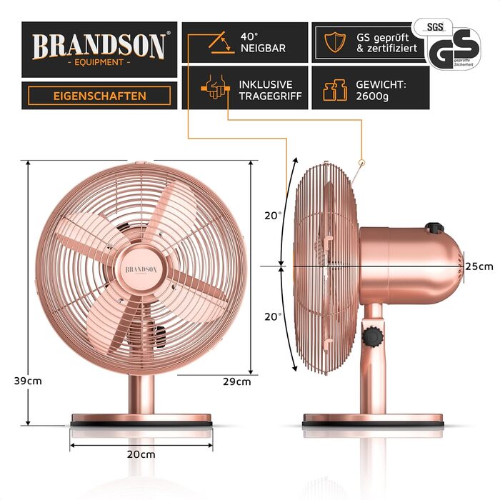 Настільний вентилятор Brandson з мідним дизайном: 3 швидкості, осциляція 80°, нахил 40°, металевий корпус (E: Рожевий)