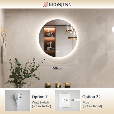 Дзеркало для ванної кімнати Keonjinn з підсвічуванням 60 см, антизапарник, сенсорний вимикач, пам'ять налаштувань, 3 кольори світла, регульована яскравість, LED, без рами, кругле (50x50 см)