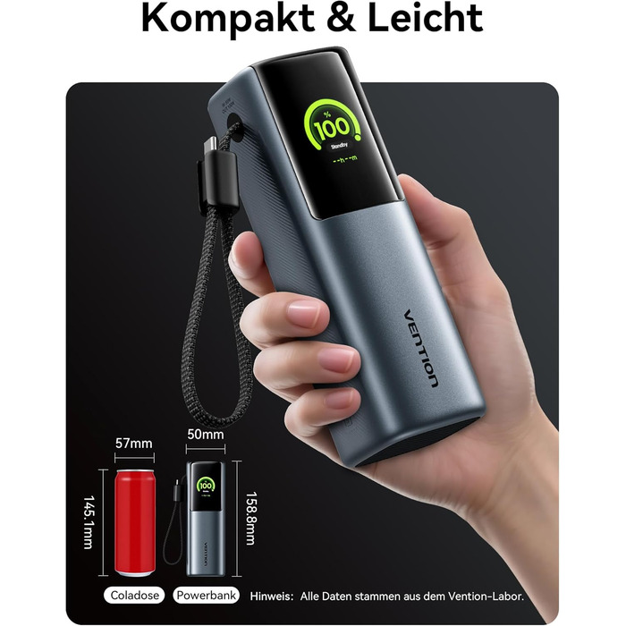 Power Bank VENTION 20000mAh 165W з дисплеєм та Emoji, інтегрований кабель USB-C, 2×100W USB-C + USB-A. Сумісний з MacBook Pro, iPad, Dell/HP, iPhone, Galaxy