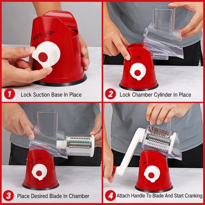 Ручна тертка для сиру та овочів Diealles Shine з 3 змінні леза з нержавіючої сталі, з кришкою, для сиру, овочів, горіхів, кабачків, моркви (червона)