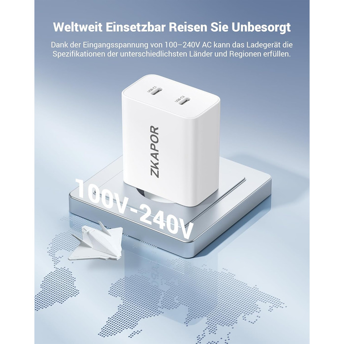 Мережевий зарядний пристрій ZKAPOR з USB-C, 4 порти, 45W, білий. Підходить для iPhone 16/15/14, Samsung Galaxy, Huawei, iPad.