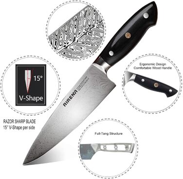 Ніж Santoku AIRENA 7 дюймів - Японський стиль, високоякісна сталь X50CrMov15, повний хвостовик, ергономічна ручка, подарункова коробка