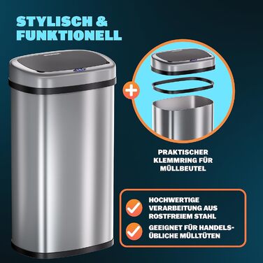 Monzana Sensor Trash Can - 58L Automatic Kitchen Waste Bin with Motion Sensor, Soft-Close Lid, Waterproof, Smart USB Rechargeable - Silver