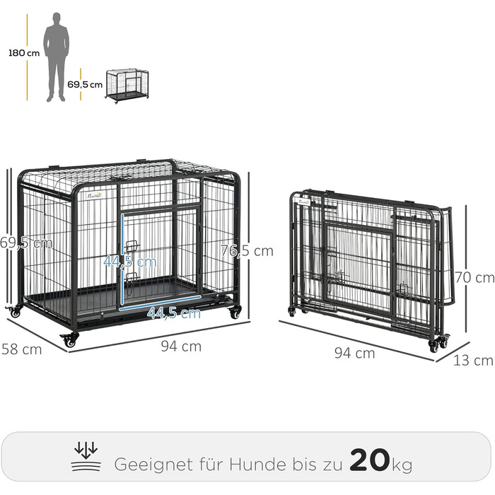 Переносна переносна клітка для тварин PawHut з колесами, 2 дверцятами та знімним піддоном, метал, сірий+чорний, 94x58x69,5 см
