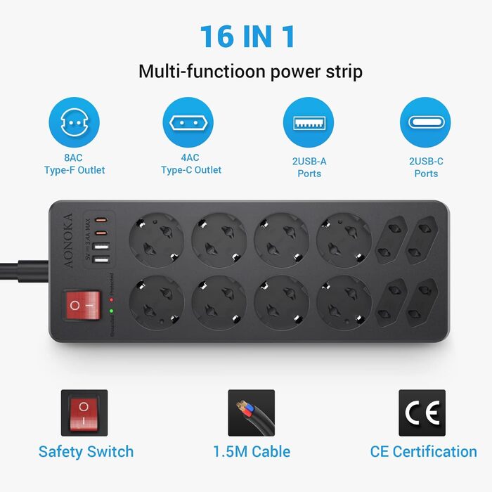 Мережевий фільтр із захистом від перенапруги 10 розеток, USB-C, з вимикачем, 4 USB-порти, 1,5м, чорний (12 розеток)