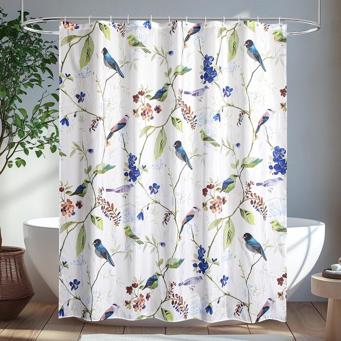 Штора для душу 180x180 см з квітами, антигрибкова, водонепроникна, швидковисихаюча, поліестер, з 12 кільцями (пташки)