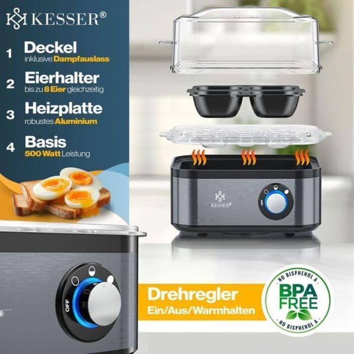 Електричний яйцеварка KESSER® на 1-8 яєць з нержавіючої сталі, 500W, з функцією підігріву, LED-регулятор, 3 ступені нагріву, BPA-Free, придатний для миття в посудомийній машині, мірний стакан, тримачі для яєць та форма для омлету, колір: антрацит
