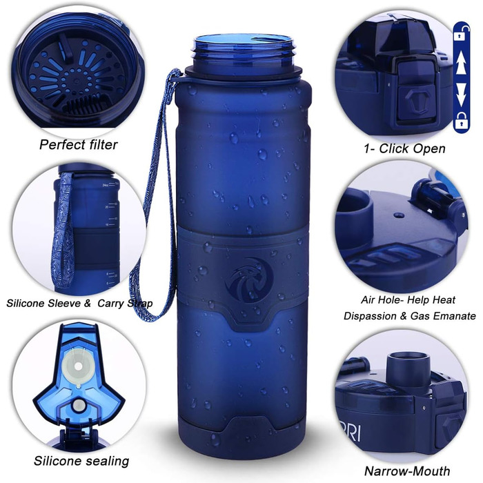 ZORRI Sport Water Bottle for Kids, 500 ml/700 ml/1000 ml, BPA-free, eco-friendly Tritan plastic, reusable water bottles with filter, 1000ml-32oz (Dark Blue, 503 ml)