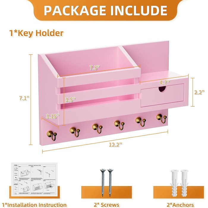 Настінна органайзер для ключів з 6 гачками та шухлядою, дерев'яна полиця для ключів, ключниця на стіну, для дому, офісу, прихожої (білий) (Рожевий - 02)