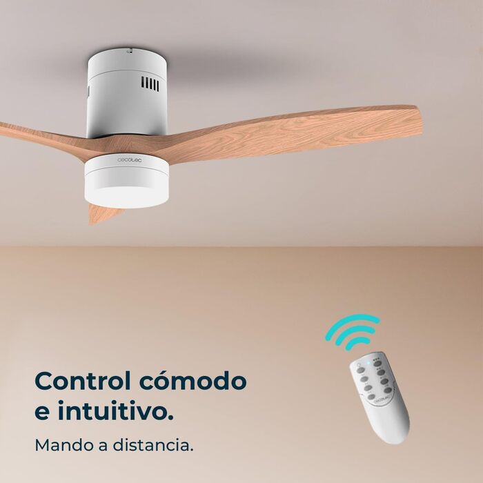 Стеляний вентилятор Cecotec Energysilence Aero 5600 Classic White з LED-підсвічуванням. Потужність 40W, DC-двигун, діаметр 132 см, 3 лопаті, 18W LED, таймер, 6 швидкостей, пульт дистанційного керування, літній/зимовий режим (білий | дерево)