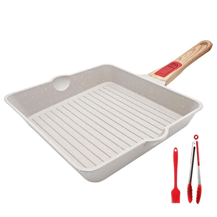 Сковорідка гриль 24x24 см з знімною ручкою, алюмінієва антипригарна сковорода для стейків, підходить для посудомийної машини та духовки (біла) 24 см
