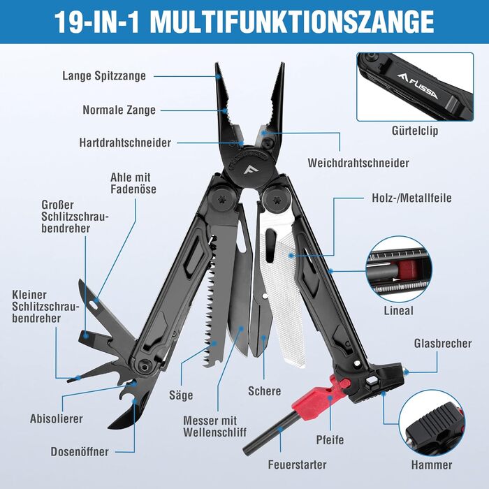 FLISSA 19-in-1 Multifunction Pliers - Survival Multitool with Glass Breaker & Fire Starter - Camping, Repair & Emergency Tool with Carrying Case