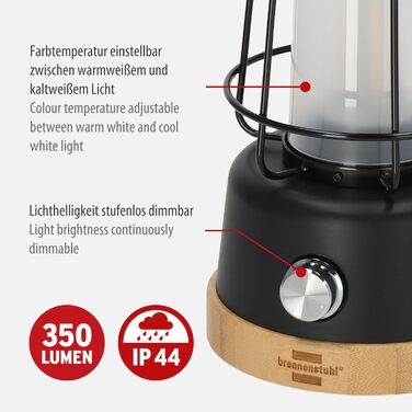 Brennenstuhl LED Rechargeable Camping Lantern CAL 1 (350 lm, IP44, up to 75h runtime, infinitely dimmable, adjustable color temperature, rechargeable USB outdoor lamp with hemp rope and bamboo base)