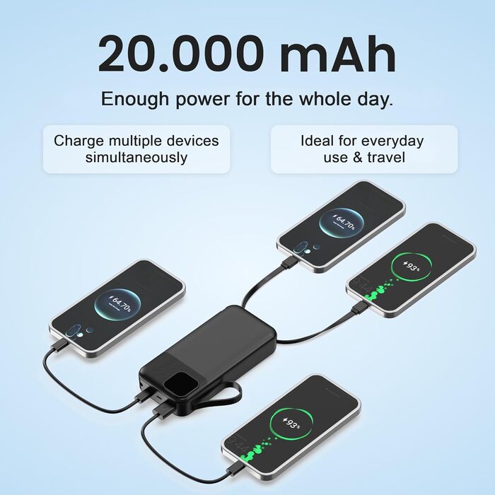 Універсальний зовнішній акумулятор All-IN-ONE Powerbank 10000 mAh чорний: швидка зарядка 22.5W, PD 20W, бездротова зарядка 15W, зарядний пристрій для Apple Watch, вбудовані кабелі USB-C та Lightning, LED-дисплей, алюмінієва підставка