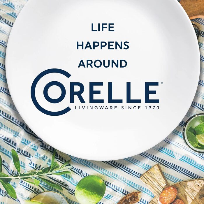 Corelle набір посуду 18 предметів, Indigo Speckle, блакитно-білий, на 6 осіб. Стійкий до сколів, включає великі тарілки 26 см, салатові/сімейні тарілки 17 см та супові/кашові миски 530 мл