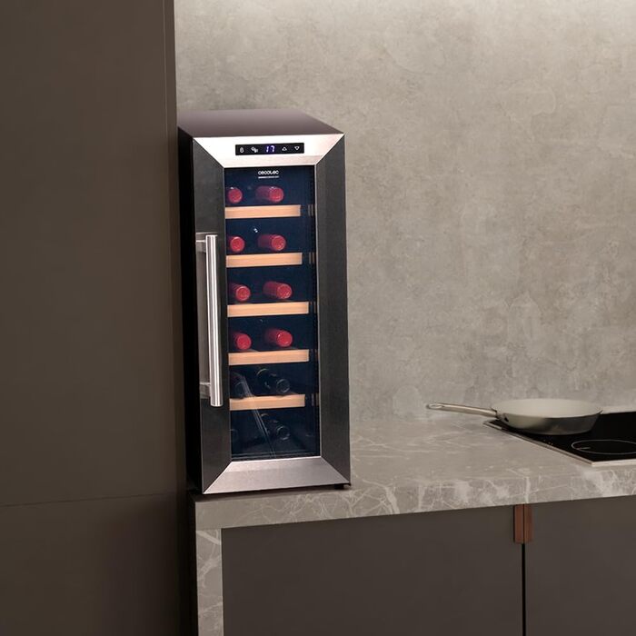 Cecotec Bolero GrandSommelier 830 CoolWood Wine Refrigerator, Thermoelectric, Quiet and High Performance, Adjustable Temperature: 8-18ºC, Touch Control Panel, Displays, Eco-friendly. (12 Bottles, Stainless Steel + Wood)