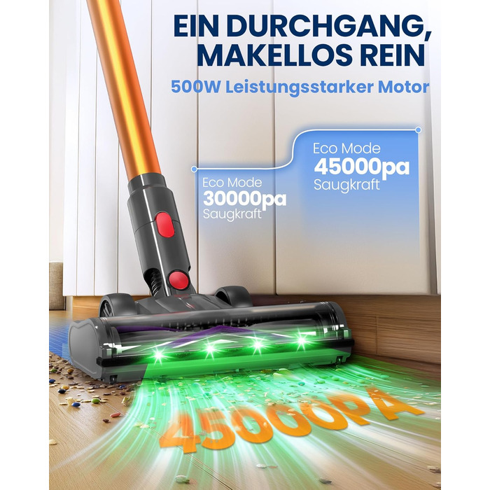 Бездротовий акумуляторний пилосос DP2 з подвійним акумулятором, 45KPa, 60 хвилин роботи, 500W, LED-дисплей, телескопічна труба, вертикальне зберігання, світло GreenEye, ідеальний для шерсті тварин/килимів/твердих підлог, золотий