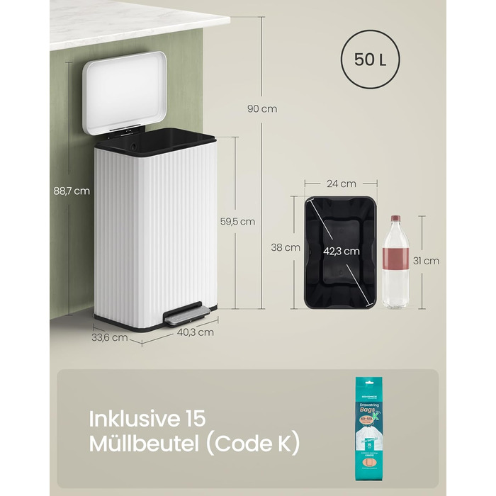 Відро для сміття SONGMICS з педаллю 50л, сталь, з кришкою Softclose, знімний внутрішній відро, білий (LTB586LZ02) + 15 пакетів для сміття