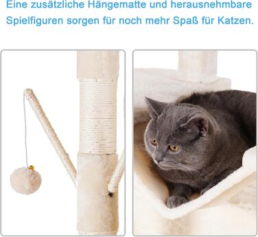 Великий котячий будиночок Hey-brother Kratzbaum XXL, 180 см, стабільний з сизалевим мотузком, велике дряпальний борд, кошик, 3 платформи та 2 будиночки (Бежевий)