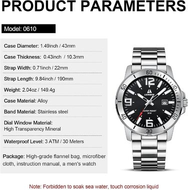 Годинник чоловічий LN LENQIN з нержавіючої сталі, водонепроникний, з датою, кварцовий, аналоговий, бізнес-стиль (сріблястий, чорний)