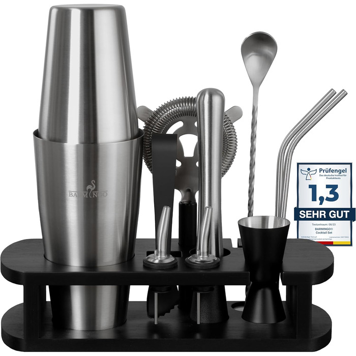 BARMINGO Stainless Steel Cocktail Set - 11 Piece Boston Shaker Set with Stand & Bar Accessories | Cocktail Shaker Set, Bartender Set, Bar Set | Black Silver