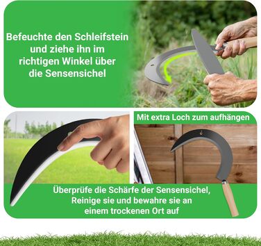 ALBAJ Sickle with Wooden Handle - traditional sharp sickle - sustainable scythe 35x22 cm - includes free sharpening stone – robust sickle for grass