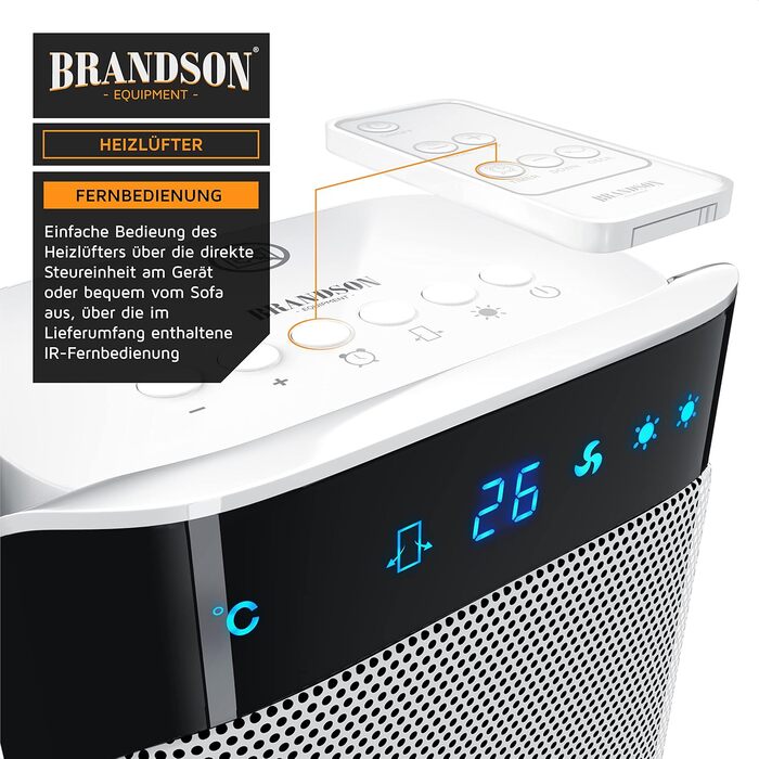 Електричний обігрівач Brandson з пультом керування, керамічний, для ванної кімнати, енергозберігаючий, тихий, з осциляцією, 2 режими нагріву, таймер, сертифікат GS