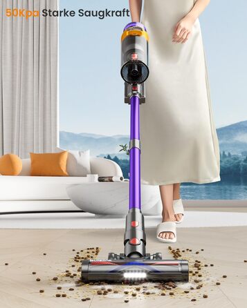 Бездротовий акумуляторний пилосос 50000Pa/600W/65 хвилин, 1,8L з OLED-дисплеєм. Вертикальний пилосос без перекручування шнура, 8-шарова фільтрація, підходить для твердих підлог, килимів та шерсті тварин