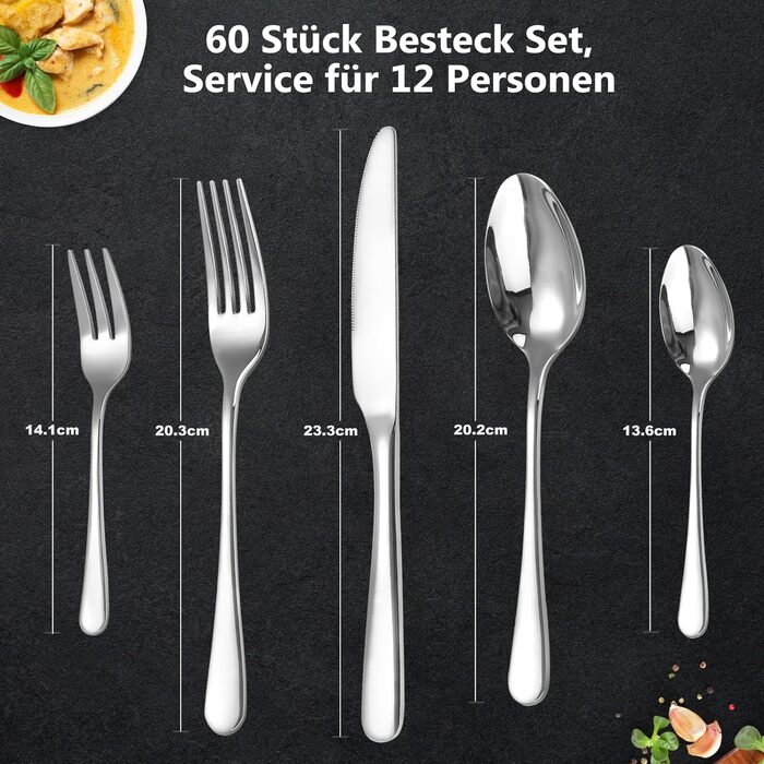 12-Person Cutlery Set, Targzier Cutlery, 60-Piece Place Setting including Knife, Fork, and Spoon, Stainless Steel Mirror-Polished Cutlery Sets, High-Quality Tableware & Dishwasher Safe