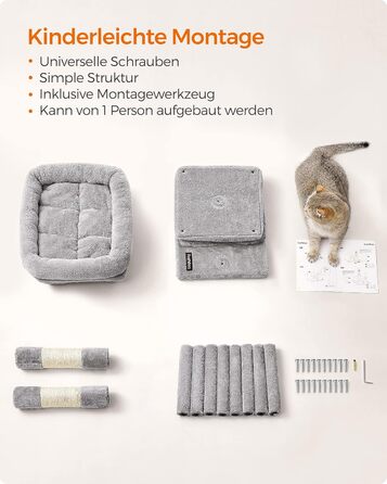 Драбина-кіготь Feandrea для котів, 67 см, будиночок для кошенят до 3 кг, велика платформа, сизалова колонка, сірий колір, PCT611W01