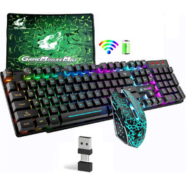 Бездротова клавіатура з підсвічуванням RGB, 2.4G, перезарядна, механічна, 104 клавіші + Миша RGB 2400 DPI, 6 кнопок + Килимок для миші Чорний