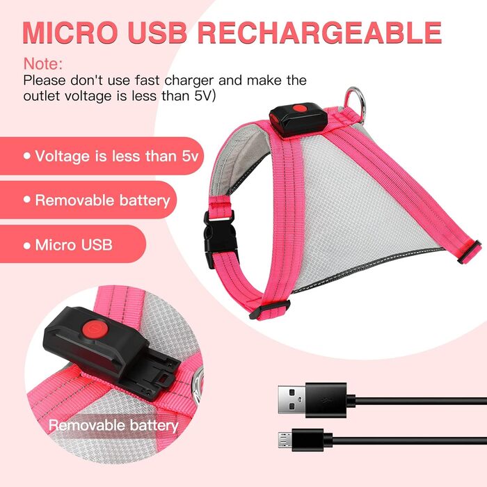 Шлейка для собак Chakit ED з світловідбиваючими елементами, світлодіодна, для собак з особливими потребами, рожева