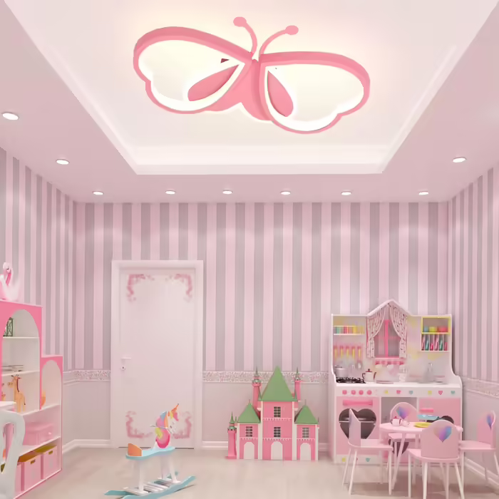 LED Butterfly Ceiling Lamp, Dimmable Acrylic Ceiling Light, Creative Ceiling Lamp for Kids' Room, Girls' Room, Bedroom, Cartoon Ceiling Light - Pink, 42cm