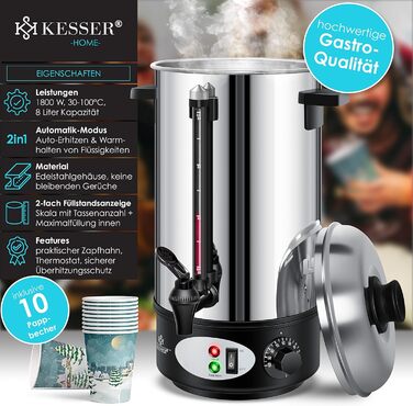 KESSER® Mulled Wine Boiler 8L Stainless Steel Incl. 10 Cups Mulled Wine Cooker with Thermostat Mulled Wine Dispenser Hot Beverage Dispenser Water Boiler Hot Water Dispenser Canning Device Level Indicator Tap Silver