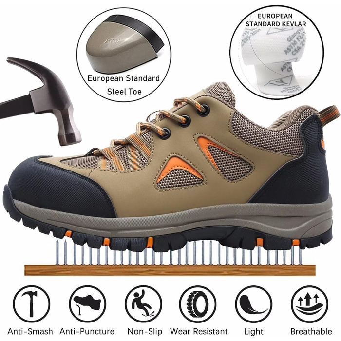 Черевики робочі чоловічі/жіночі, захисні, легкі, дихаючі, антиковзкі, зі сталевим підноском (Хакі, 37 EU)