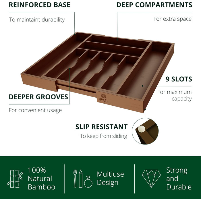 Органайзер для столових приладів ROYAL CRAFT WOOD з бамбука, 9 відділень (20x17.5 см), коричневий